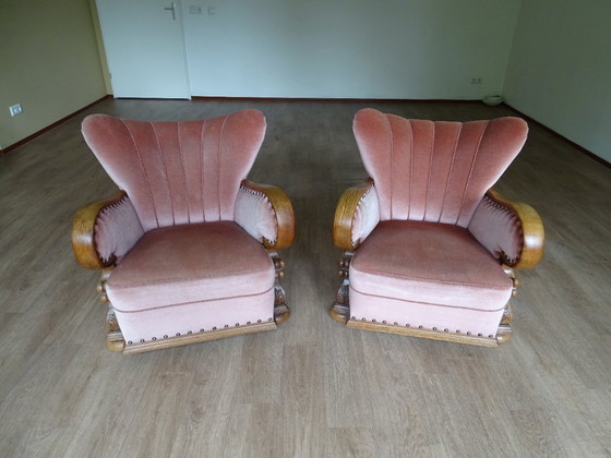 Image 1 of ⚠️ 2 sur 4 encore disponibles | Fauteuils club Art déco (env. 1920-1950) | Velours rose poudré | Chêne sculpté