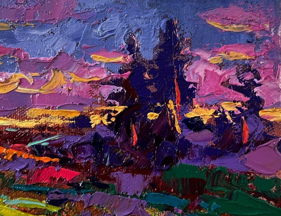 Image 1 of Original Oil Painting Colorful Sky Landscape Summer Blue Night