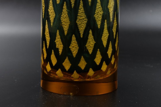 Josef Hospodka vase, Chřibská glassworks, design 1966 – blue/yellow net pattern, 27 cm – Chribska (photo 8 of 8)