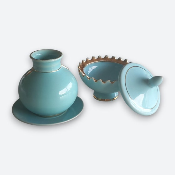 Image 1 of Art Deco ceramic ensemble turquoise with gold