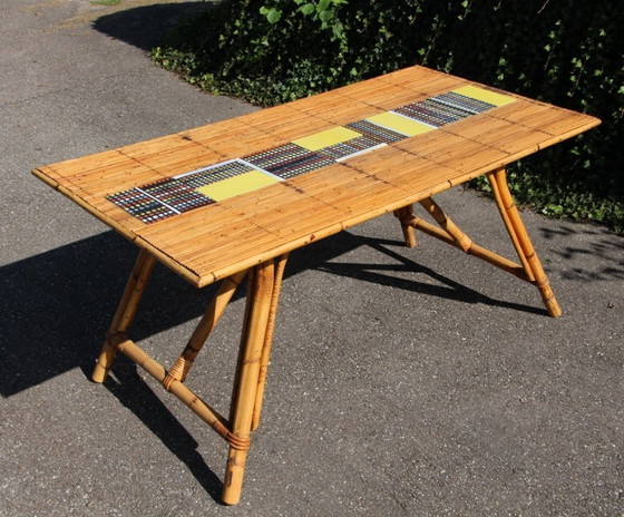 Image 1 of Table haute en céramique et rotin de Audoux Minet et Roger Capron