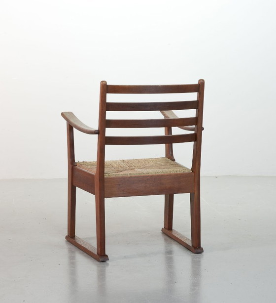 Image 1 of Very Rare Early Mid-Century Single Bas van Pelt Brutalist Solid Oak Armchair with Woven Rush Seat for My Home. The Netherlands, 