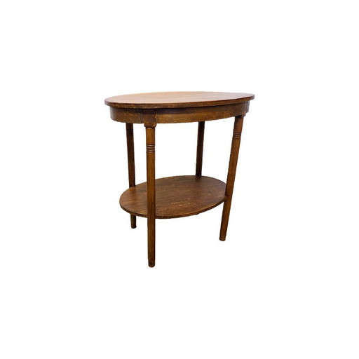 Mesita auxiliar ovalada francesa antigua con estante intermedio, década de 1940. – bijzettafels, Wood (photo 2 of 6)