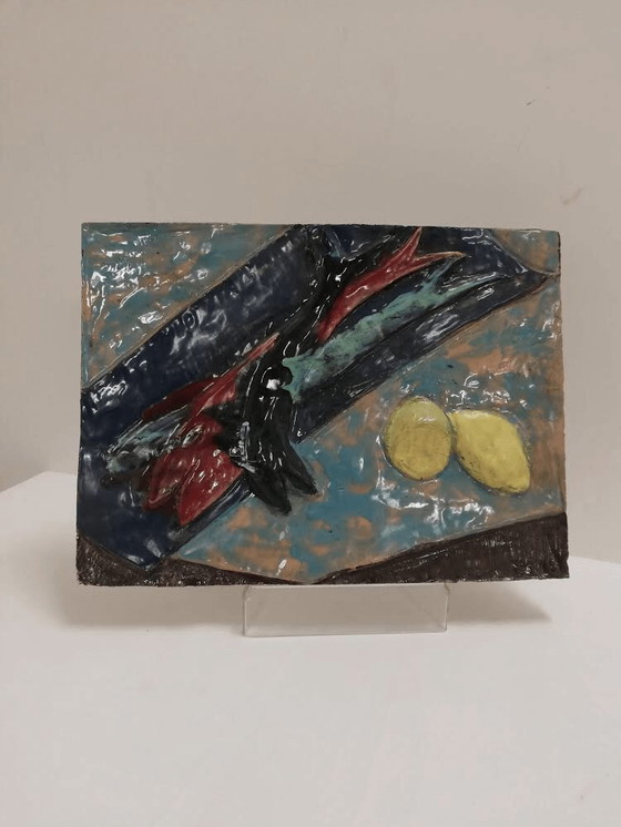 Image 1 of Enamelled terracotta plate, with fish and lemon