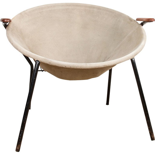 Poltrona vintage danese in pelle, acciaio e teak modello Balloon di Hans Olsen, 1960