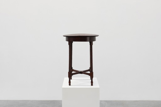 Round wooden Art Deco side table with bobbin legs, France ca. 1900