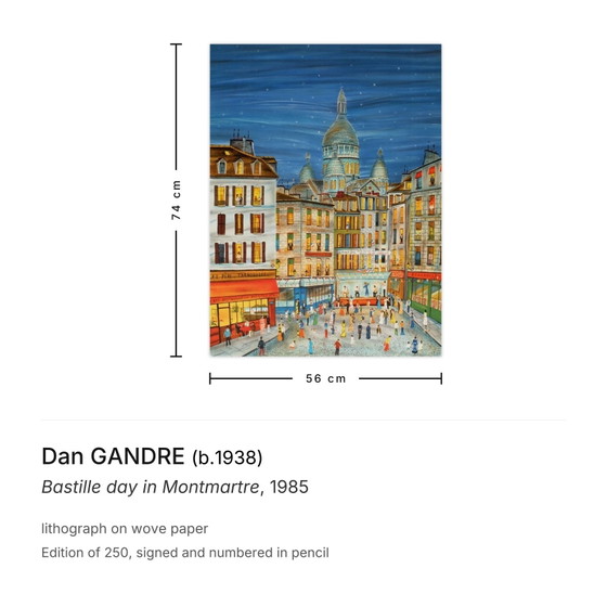 Dan Gandre signierte Lithografie „Bastille Day in Montmartre 1985“ – Lithographien & Drucke, Paper (photo 3 of 5)