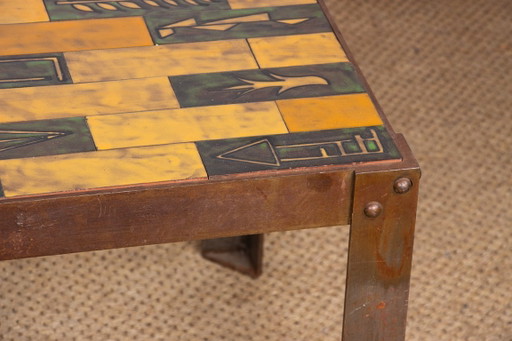Coffee table in glazed ceramic and steel base by Jean Garbero Vallauris 1950.