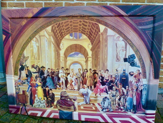 Image 1 of Een kunstreproductie van het schilderij "100 Years of Film” van kunstenaar Renato Casaro.