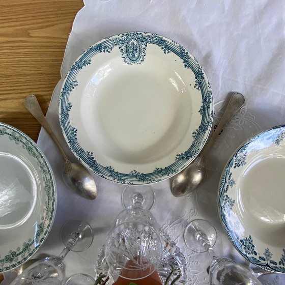 Image 1 of Set of 6 mismatched earthenware soup plates, antique Sarreguemines faience, Choisy le Roi, Longwy, Moulin des Loups