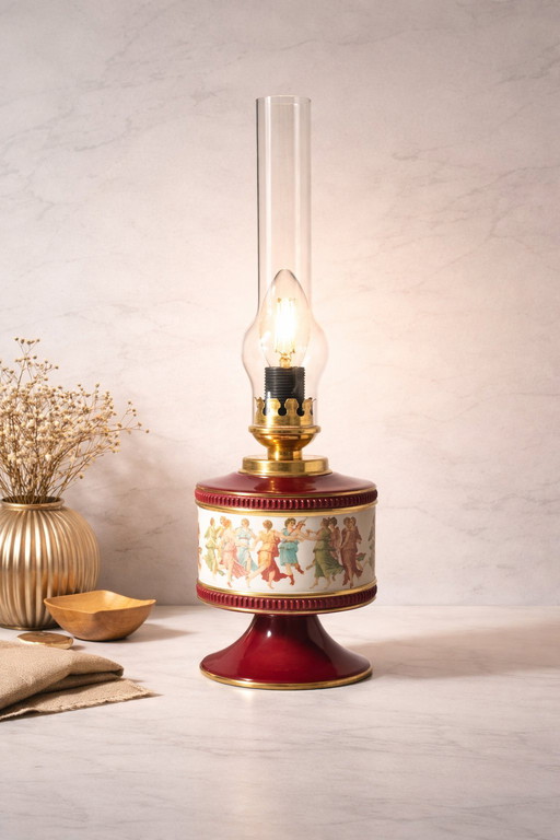 Florentine porcelain lamp in burgundy and gold, signed and numbered, Italy, restored.