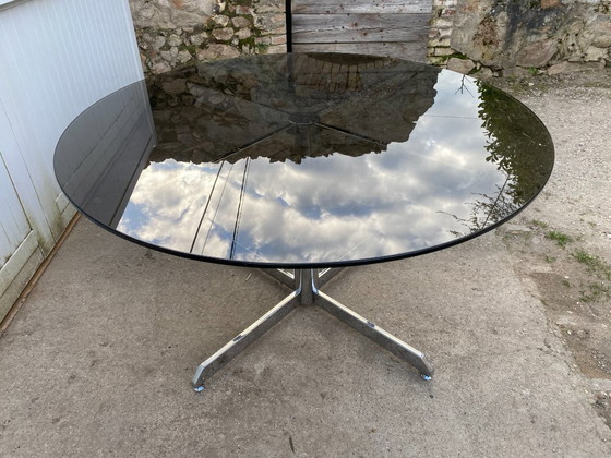Image 1 of Round smoked glass and chrome table by Florence Knoll and Roche Bobois, 1970s