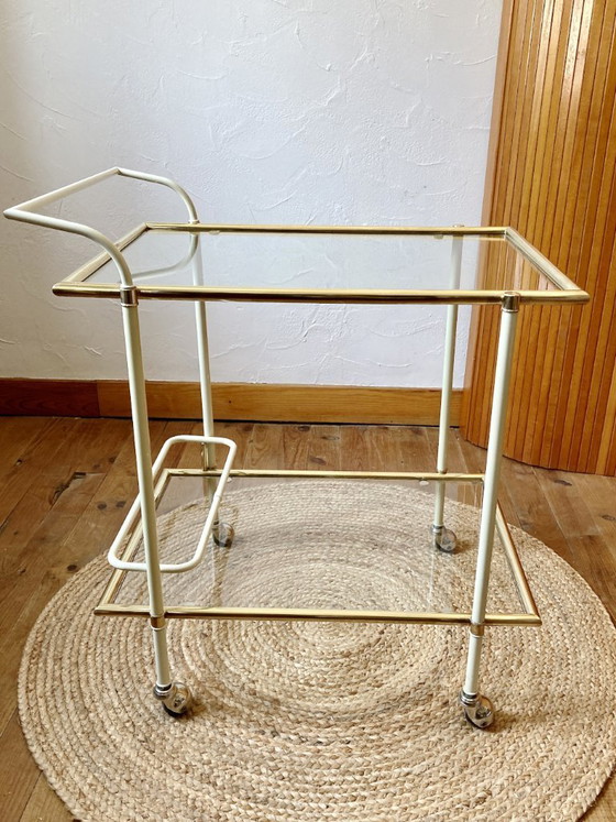 Image 1 of Servierwagen mit cremefarbenem Metallgestell und vergoldetem Messing, 1960er Jahre