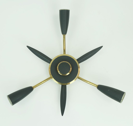 1950s mid century sputnik 3-light ceiling fixture laiton et métal gris foncé