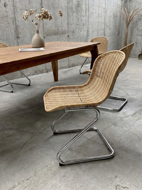 Image 1 of SET OF 6 RATTAN CHROME CANOPY CHAIRS IN THE GASTONE RINALDI STYLE, ITALY 1970s