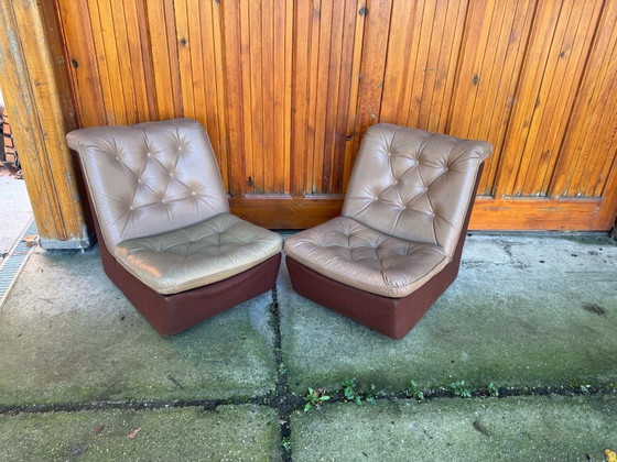 Set of Mid-Century Modern Brown Leather and Fabric Chairs, 1960s – Armchairs, Mid Century Modern (photo 7 of 8)