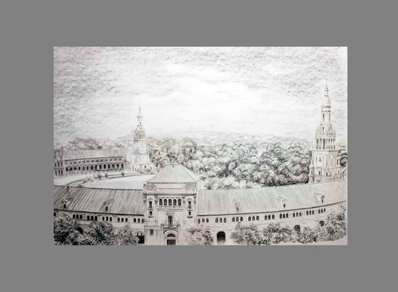 Image 1 of Picture of Plaza de España in Seville. Drawing of Plaza de España in Seville. Seville drawing. Seville painting.