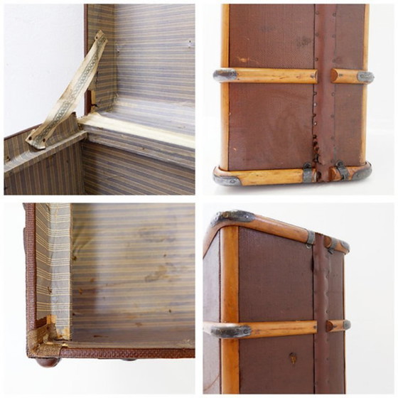 Image 1 of Valise-malle de voyage ancienne en toile et bois des années 1920, bagage vintage