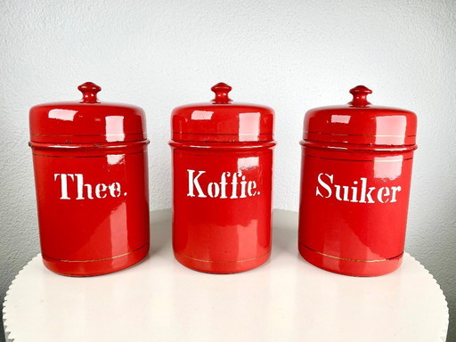 Vintage Red Kitchen Canisters for Tea, Sugar & Coffee  – Dutch Retro Enamel Kitchen Storage Tins – Old European Kitchen Storage 