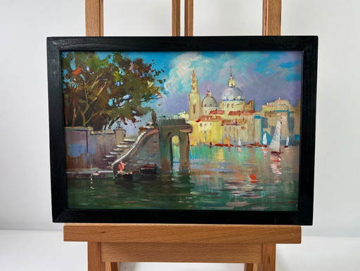 Original Oil Painting Summer City Landscape Bells over the river