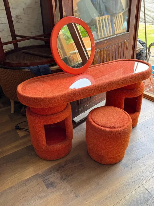 Vintage Kaptafels Set van 3, Mid Century Modern Kaptafel, Retro Slaapkamermeubels, Houten Make-up Tafel, Unieke Antieke Fu