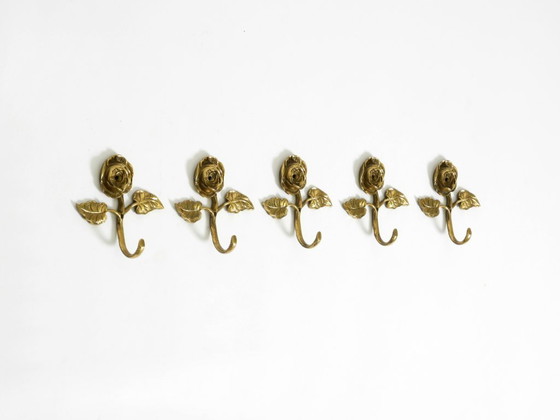 Image 1 of Set of five beautiful, solid mid-century brass rose wall coat hooks