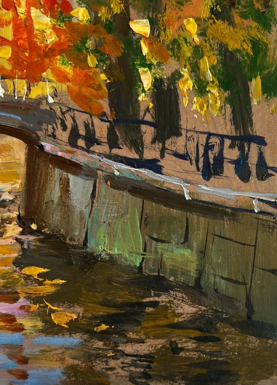 Image 1 of Original Oil Painting Evening River Landscape Autumn city park