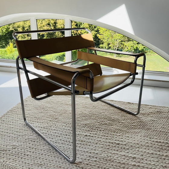 Image 1 of Vintage replica design stoel met tuigleer en buisframe - in redelijke staat