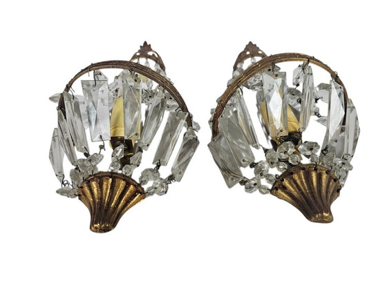 Image 1 of Stile Hollywood Regency - 2 lampade da parete - Dorate - Cristallo - Francia - Anni '60