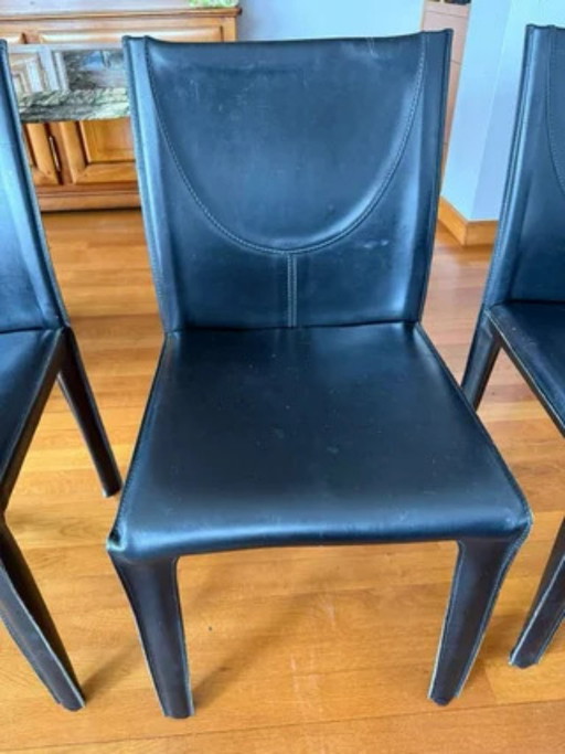 Ensemble de 6 chaises Arrben Archer Italia années 80 – Cuir noir incurvé