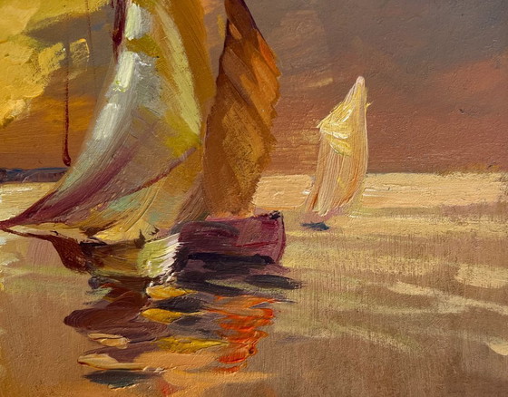 Image 1 of Original Oil Painting Sea Evening Landscape In the evening at sea