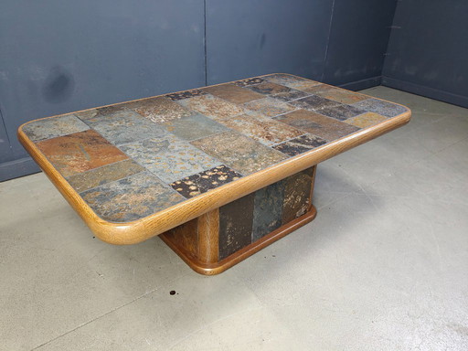 Oak and stone brutalist coffee table, 1970s