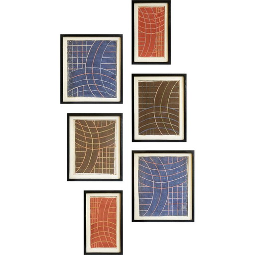 Satz von 6 Mischtechnik-"Skizzen" auf Papier für Textiles Designs, Holland 1930