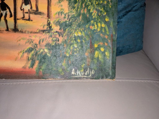 Vintage West African Village Oil Painting On Canvas 86cm x 52cm – schilderijen tekeningen, Wood (photo 2 of 10)