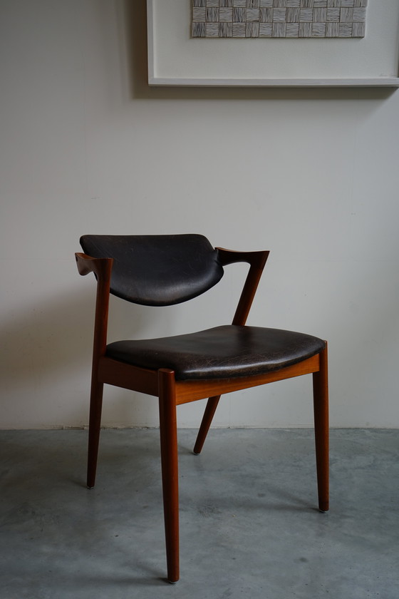 Image 1 of 6 Kai Kristiansen stoelen | Model 42 | Teak Leder patina