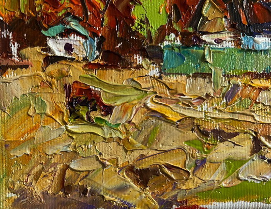 Image 1 of Original Oil Painting Autumn Village Landscape Autumn day in the village