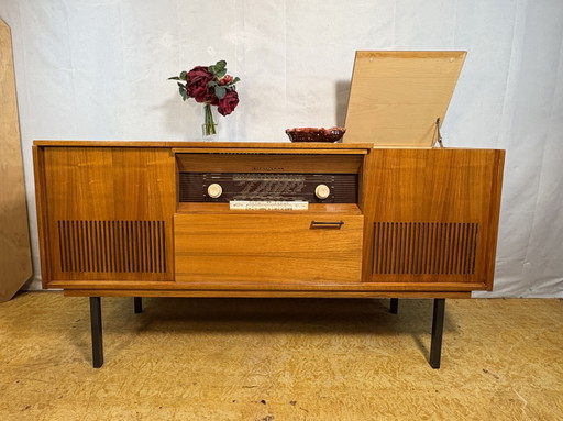 Mid Century Retro Vintage Figured Teak Sideboard Radiogram – Loewe Radio & Record Player (1960s–1970s)
.