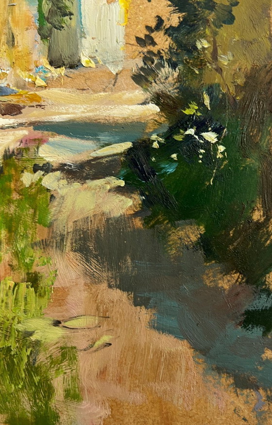 Image 1 of Origineel olieverfschilderij: Zomers straatlandschap, stadstuin in de zomer