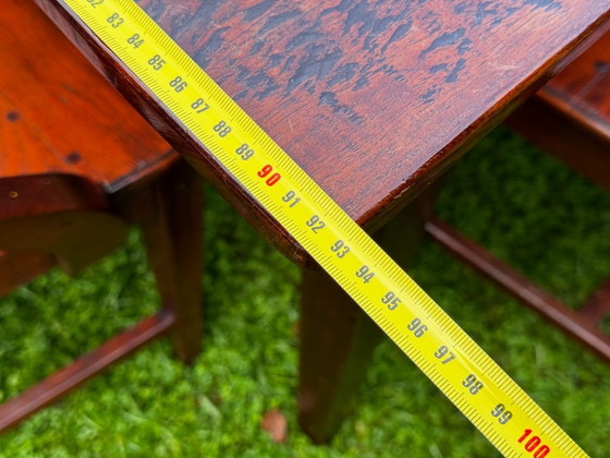 Image 1 of Grande table de salle à manger coloniale en teck massif avec 8 chaises et coussins