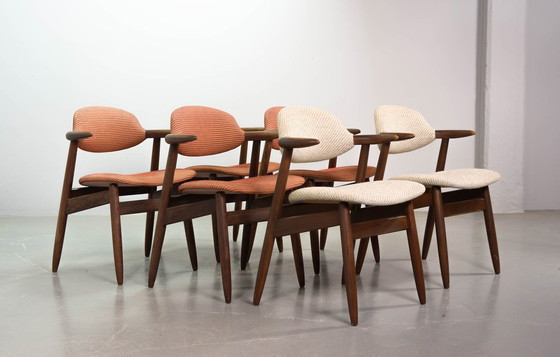 Image 1 of Authentic Cowhorn Tijsseling Dining Chairs with the Original Fabric Upholstery by Hulmefa. Set of 6. The Netherlands, 1960s.