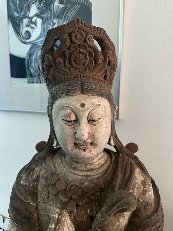 Image 1 of Monumentale, handgeschnitzte chinesische/südostasiatische Tempelstatue aus Holz – Polychromie – 128 cm (Guanyin/Bodhisattva)