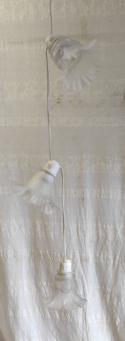 Tre lampade a sospensione a forma di tulipano in pasta di vetro - metà del XX secolo
