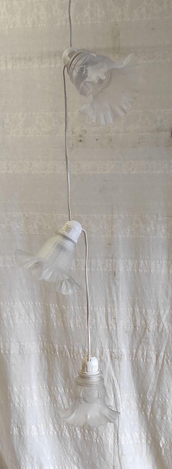 Image 1 of Tre lampade a sospensione a forma di tulipano in pasta di vetro - metà del XX secolo
