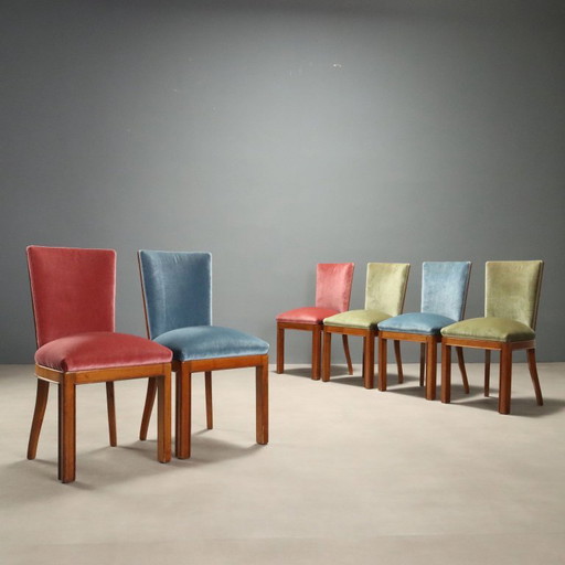 Set vintage stoelen met gekleurd fluweel – eetkamerstoelen, Wood