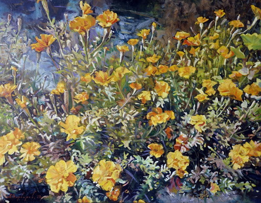 Original Oil Painting Modern Art Flowers Marigold