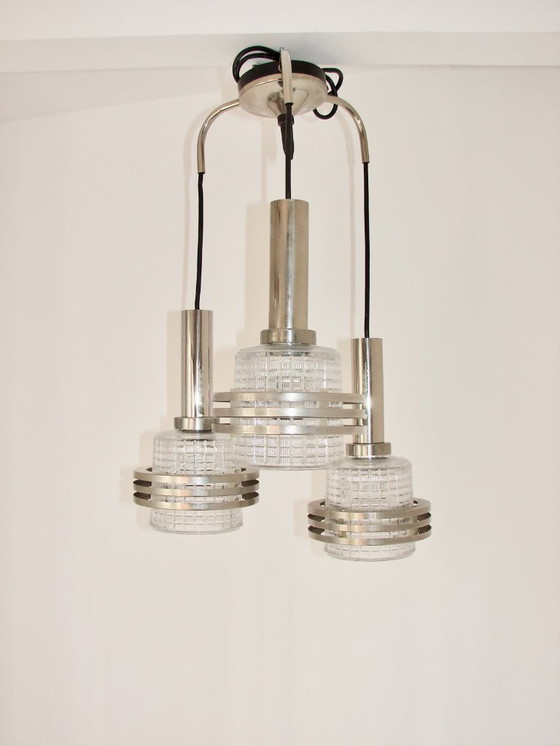 Image 1 of Moderne hanglamp, jaren 70, metaal en glas, 3xE27