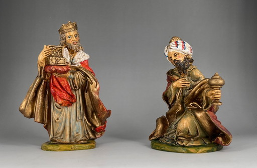 2 figurines de la Nativité vintage, Italie – Les trois Rois mages – Peintes à la main dans le style de Fontanini / Landi