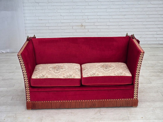 1970s, Danish 2-seater "Spanish" drop arm sofa, furniture velour., 2 seaters, Velvet, Wood, Red (photo 23 of 23)