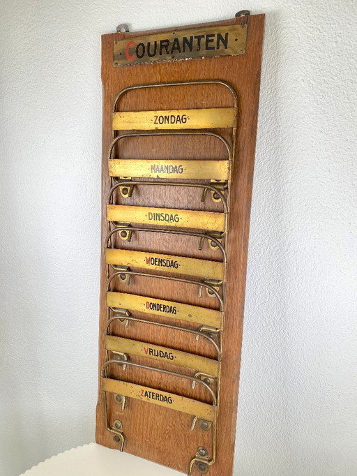 Antique / Vintage Newspaper Rack - Wall Mounted Paper Holder - 1930s Dutch Wooden Magazine Organizer