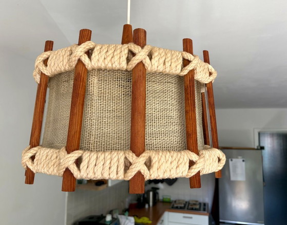 Lampada a sospensione vintage, in legno e corda, anni '60-'70 – Lampade a sospensione, Textile, Wood (photo 3 of 14)
